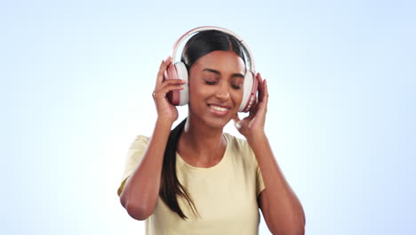 happy woman, headphones and dancing to music