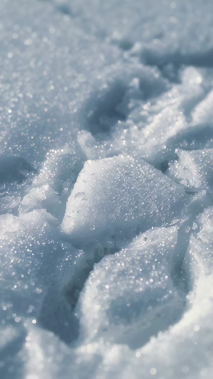 Video verticale: telecamera che si sposta rivelando cristalli di ghiaccio e spaccature nella neve, mostrando la texture al sole
