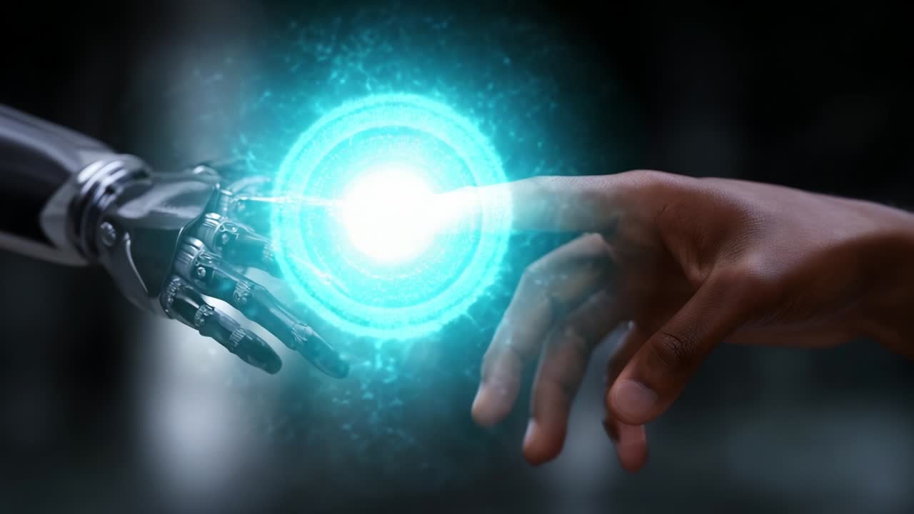 Exploring the Intersection of Humanity and Technology: A Moment of Connection Between a Human Hand and a Robotic Arm, Symbolizing the Future of Interaction and Cooperation in a Digital Age
