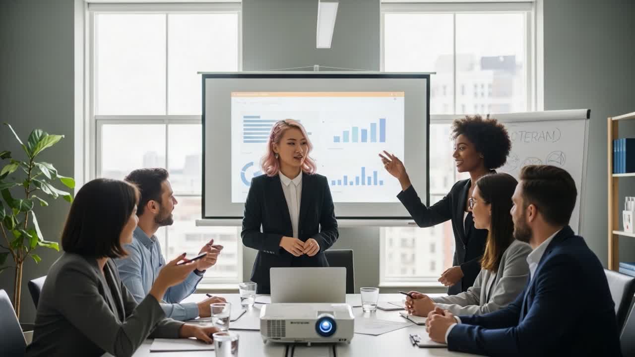Engaging Corporate Meeting with Diverse Team: A Dynamic Presentation Unfolds as Participants Collaborate and Discuss Data Insights in Professional Setting
