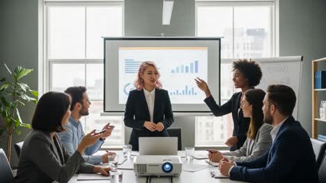 engaging corporate meeting with diverse team: a dynamic presentation unfolds as participants collaborate and discuss data insights in professional setting