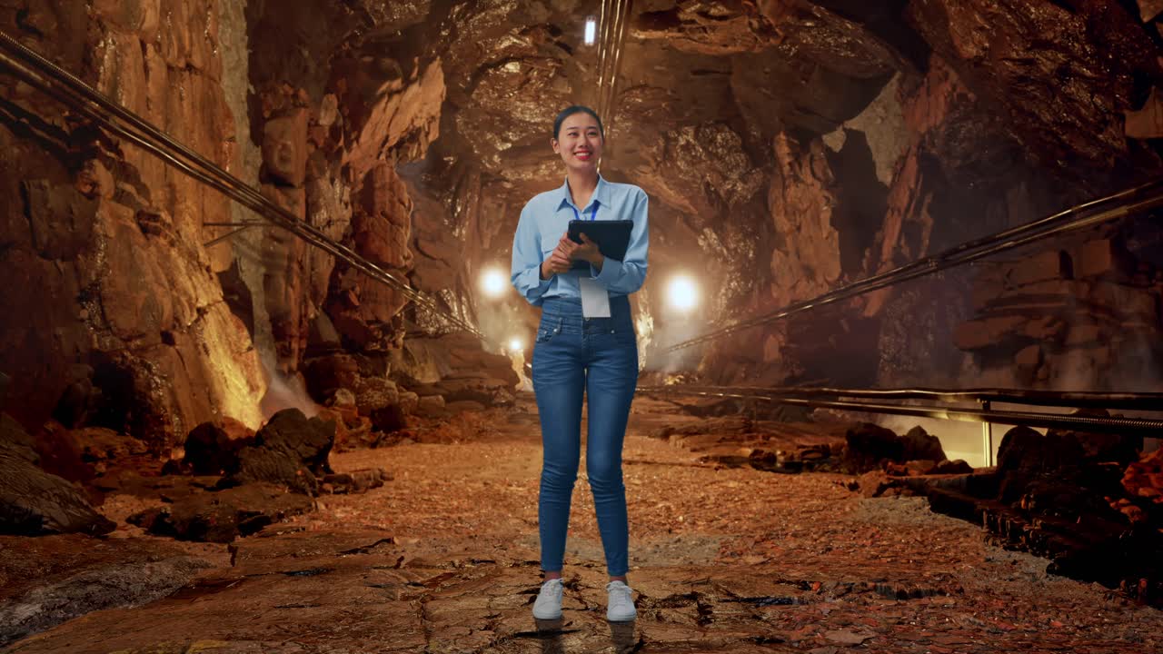 Full Body Side View Of Asian Female With Her Tablet In Underground Mine Tunnel, Typing And Dissapionted With Nodding Her Shead