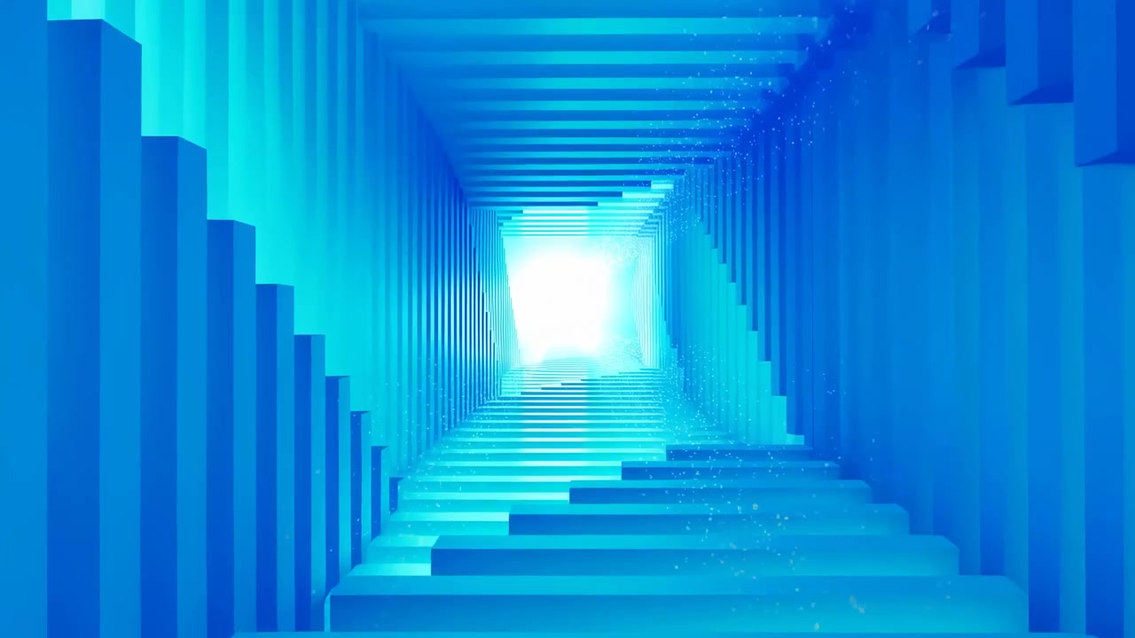 Symmetrical rectangular tunnel built from repeating vertical prisms and horizontal beams, seen from low eye level with broad steps descending toward intense white blue light, creating clean depth