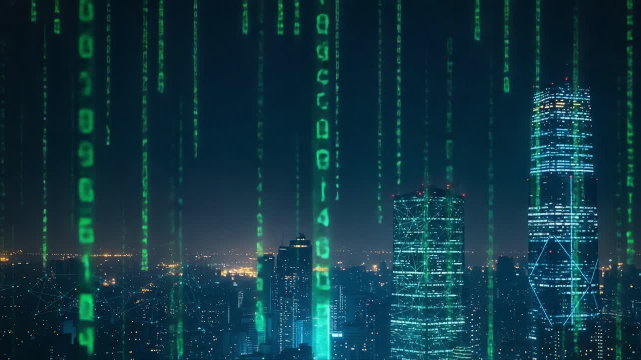 A Futuristic Cityscape Embraced by Digital Matrix Code - Exploring the Intersection of Technology and Urban Life Through Captivating Neon Aesthetics