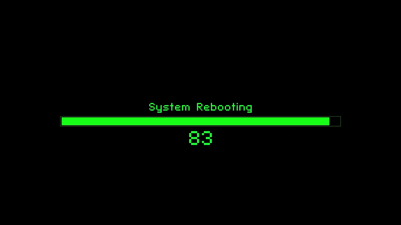Retro computer loading screen visual with green reboot text horizontal progress bar and black