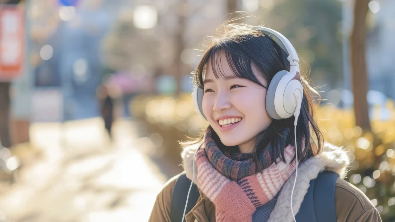 A candid street-level video captures a smiling woman in headphones, enjoying music