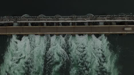 straight overhead aerial shot of hydroelectricity power-dam in canada