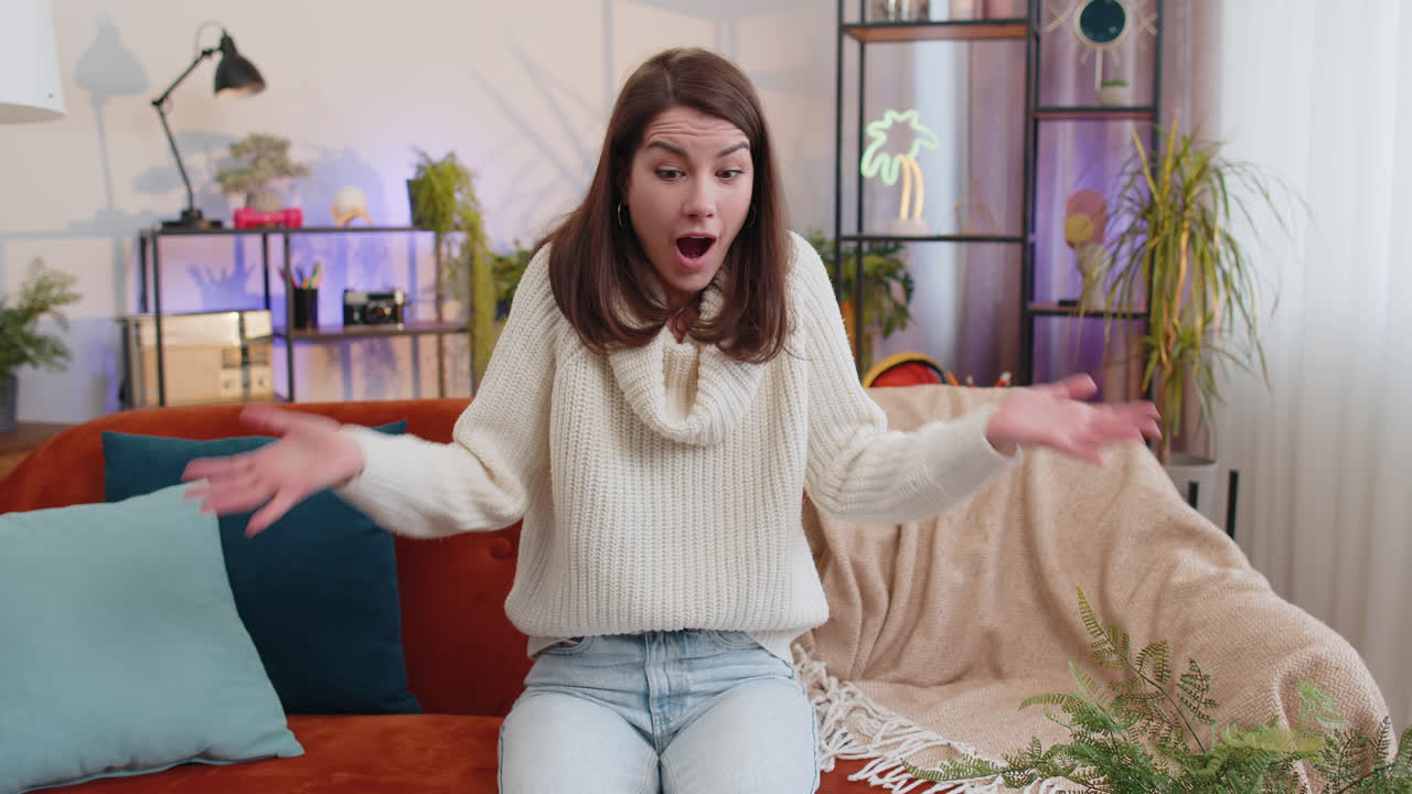 Pretty woman girl asking why what reason of failure demonstrating disbelief irritation by troubles