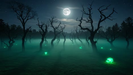 A Mysterious Moonlit Forest: Eerie Trees and Glowing Mushrooms Under the Night Sky with a Full Moon Illuminating the Foggy Scene
