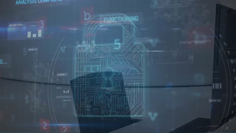 animación de candado digital, escaneo y advertencia a través de computadoras en la oficina