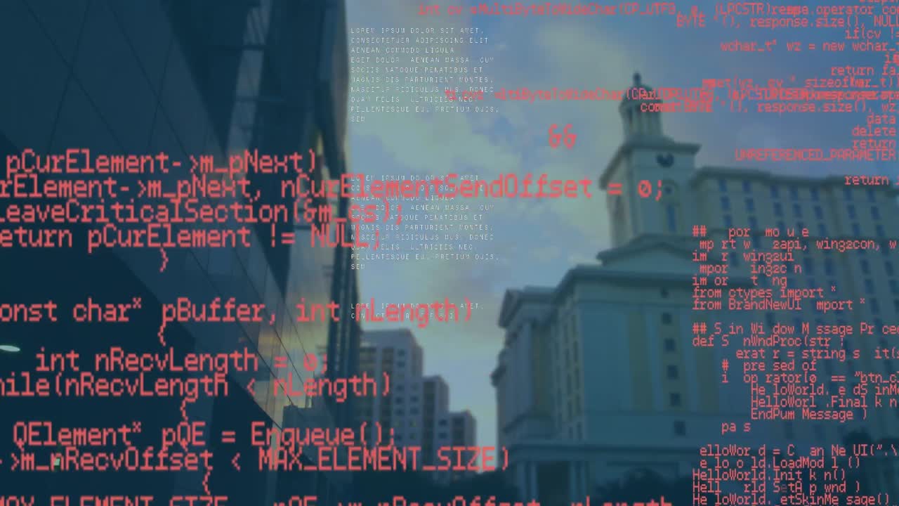 도시 풍경 위의 데이터 처리 애니메이션