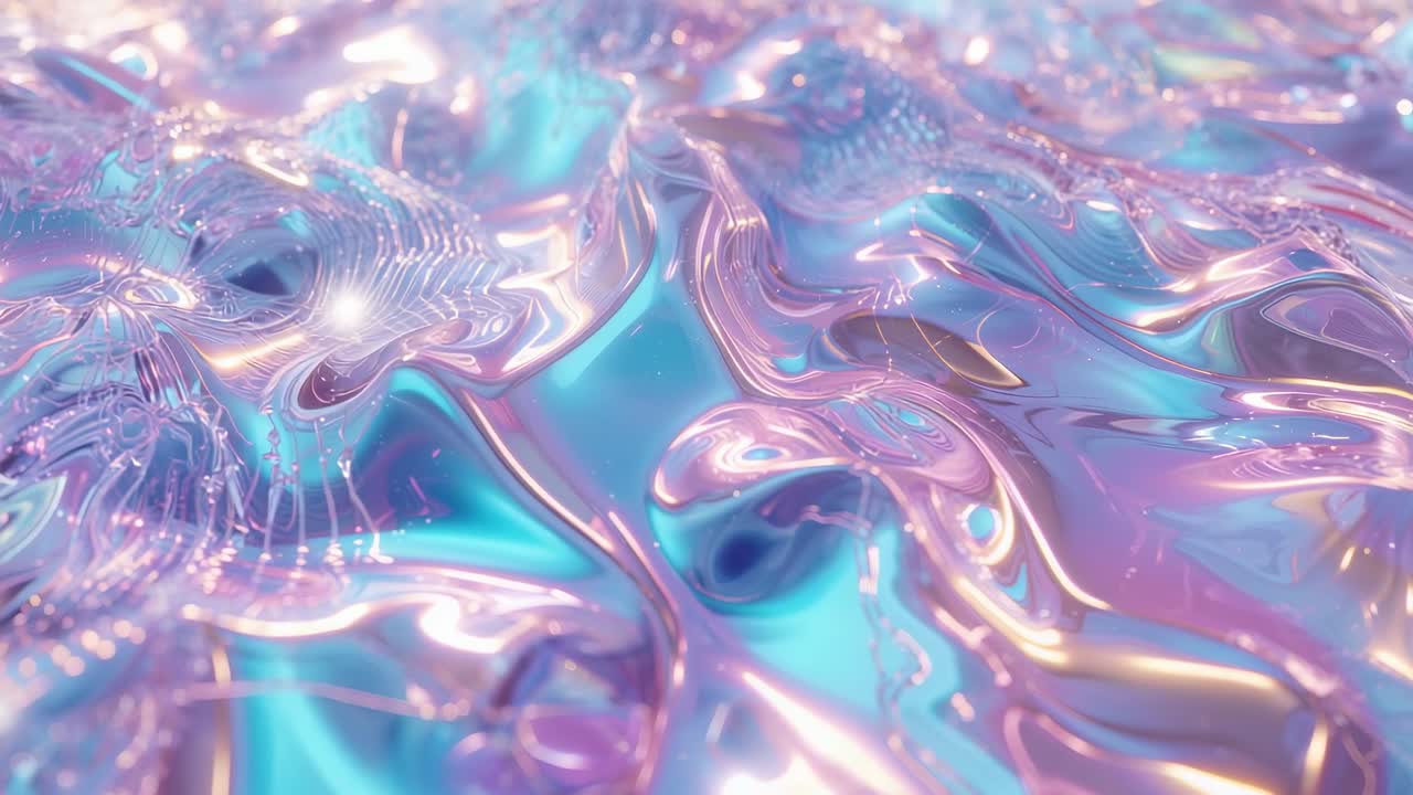 Unseen force causing metallic liquid surface undulating in CGI close-up, revealing iridescent glow
