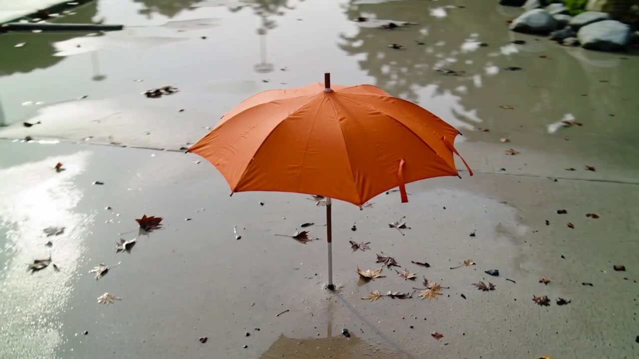 Una telecamera si avvicina a un ombrello arancione aperto su un marciapiede bagnato, riprendendo le pozzanghere.