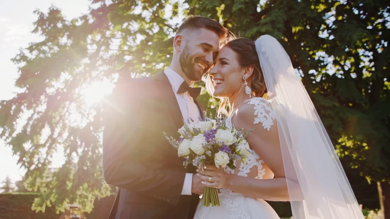 Uma cena romântica de vídeo de casamento com um casal se abraçando debaixo de uma grande árvore.