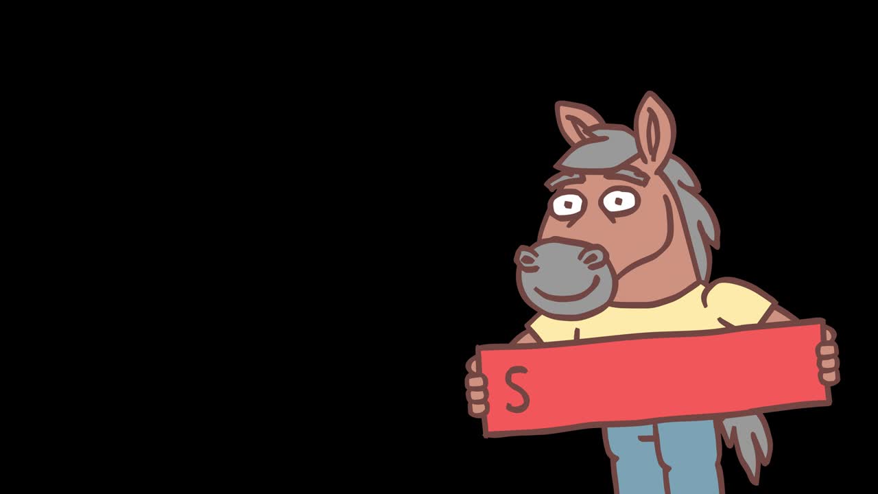 Horse appears on screen holds web button with inscription subscribe. Frame by frame animation. Alpha channel