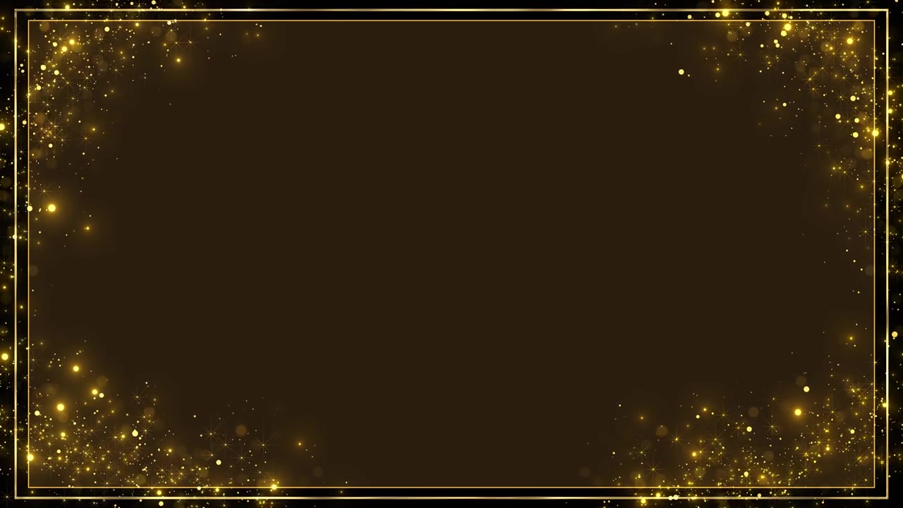 Golden sparkle frame border luxury corner particles thin glowing lines dark empty center elegant