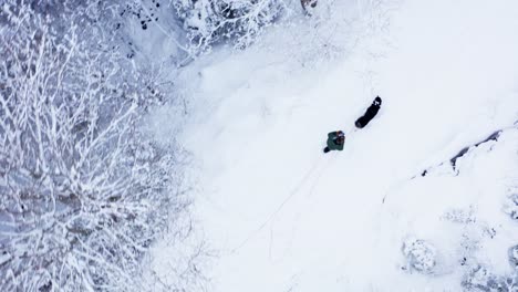 Man-and-Dog-Walking-In-Icy-Forest-Path-In-Winter---aerial-shot