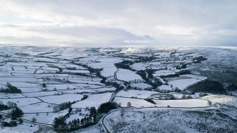 north york moors snow scene drone flight, castleton, westerdale, rosedale, flight over castleton, winter cold and moody clouds, phantom 4, clip 4