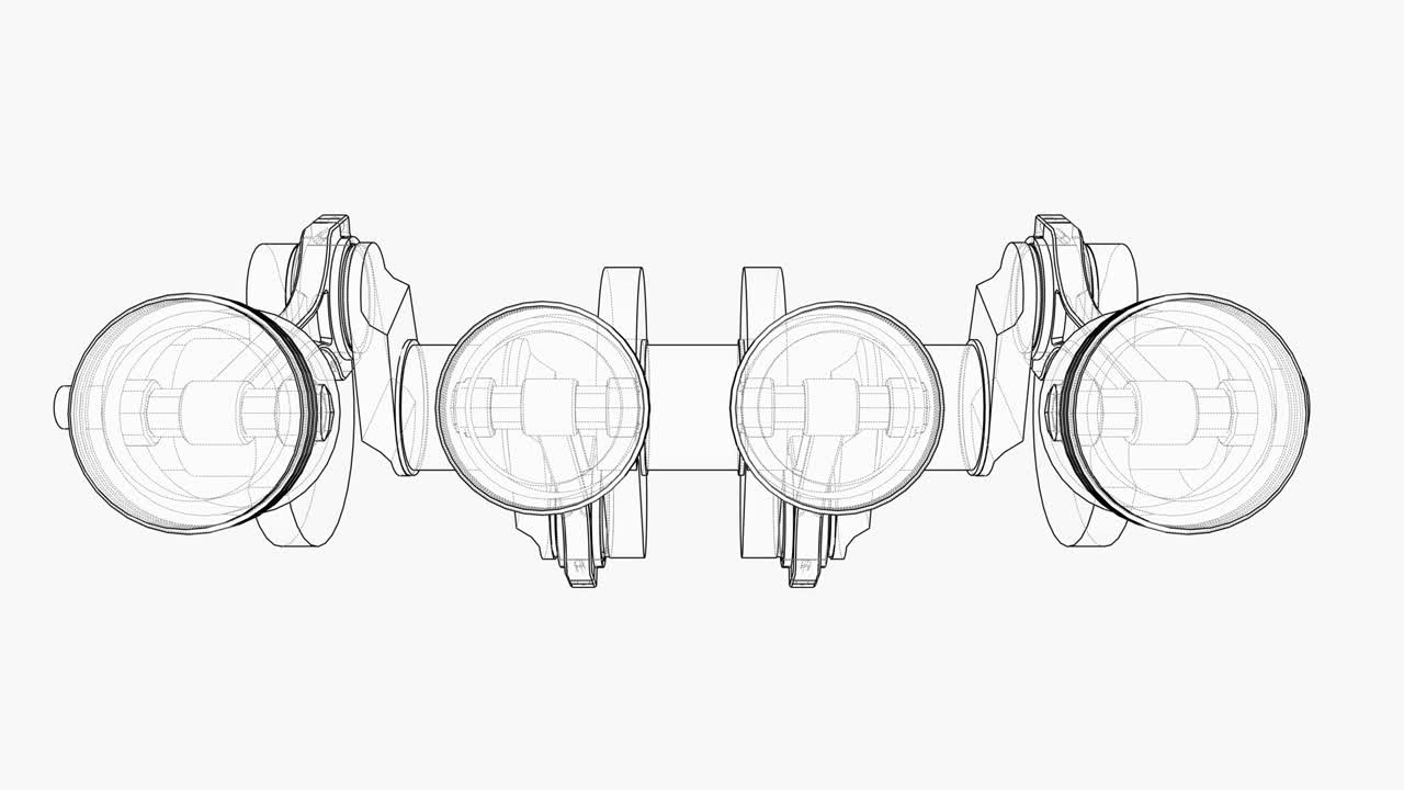 크랭크 샤프트와 4 개의 피스톤의 애니메이션. 와이어 프레임 또는 블루프린트 스타일