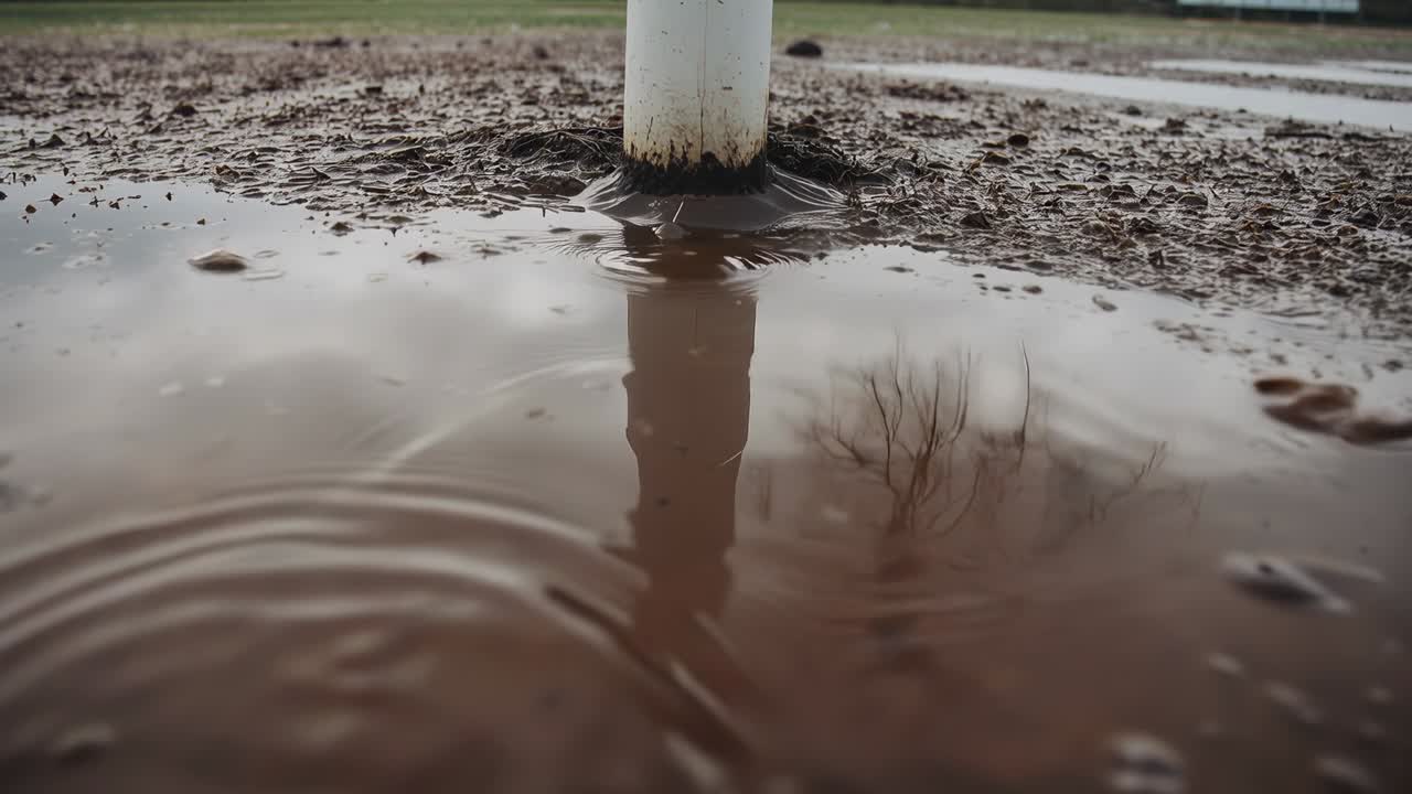 Raindrops striking muddy puddle in field, white pole reflecting, ripples distorting tree reflection