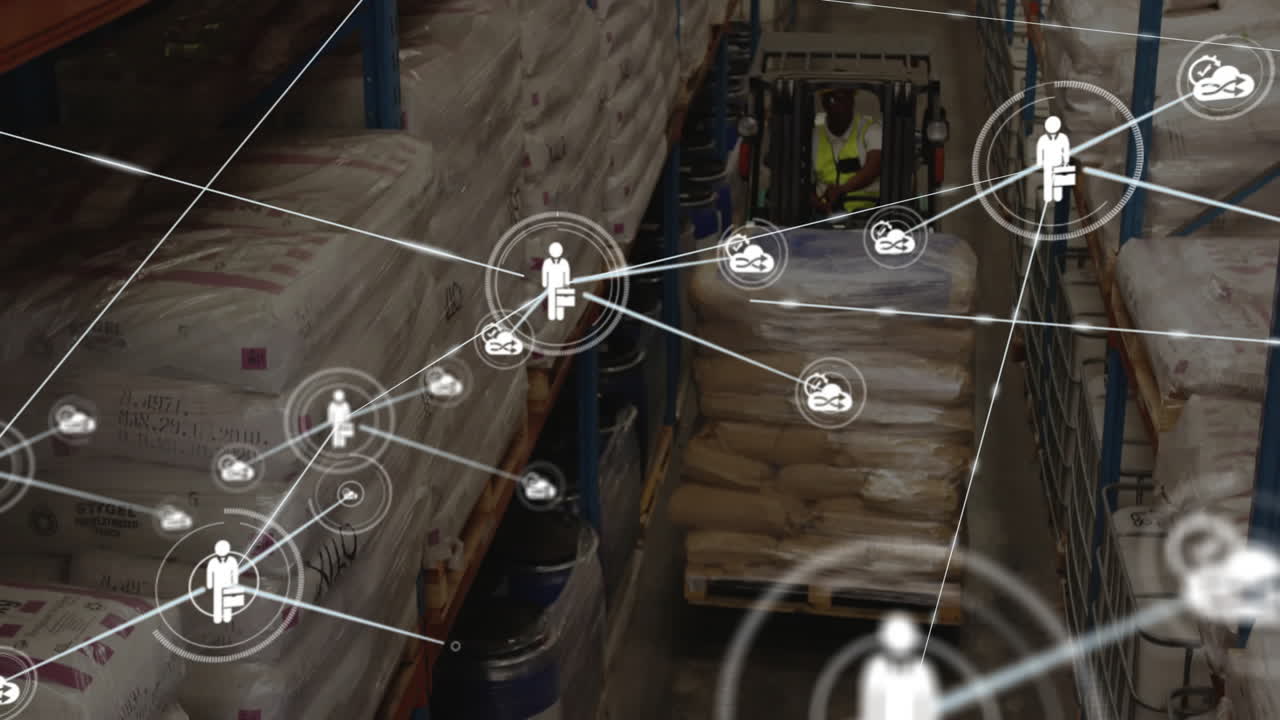 Network of connected workers animation over warehouse with forklift operator