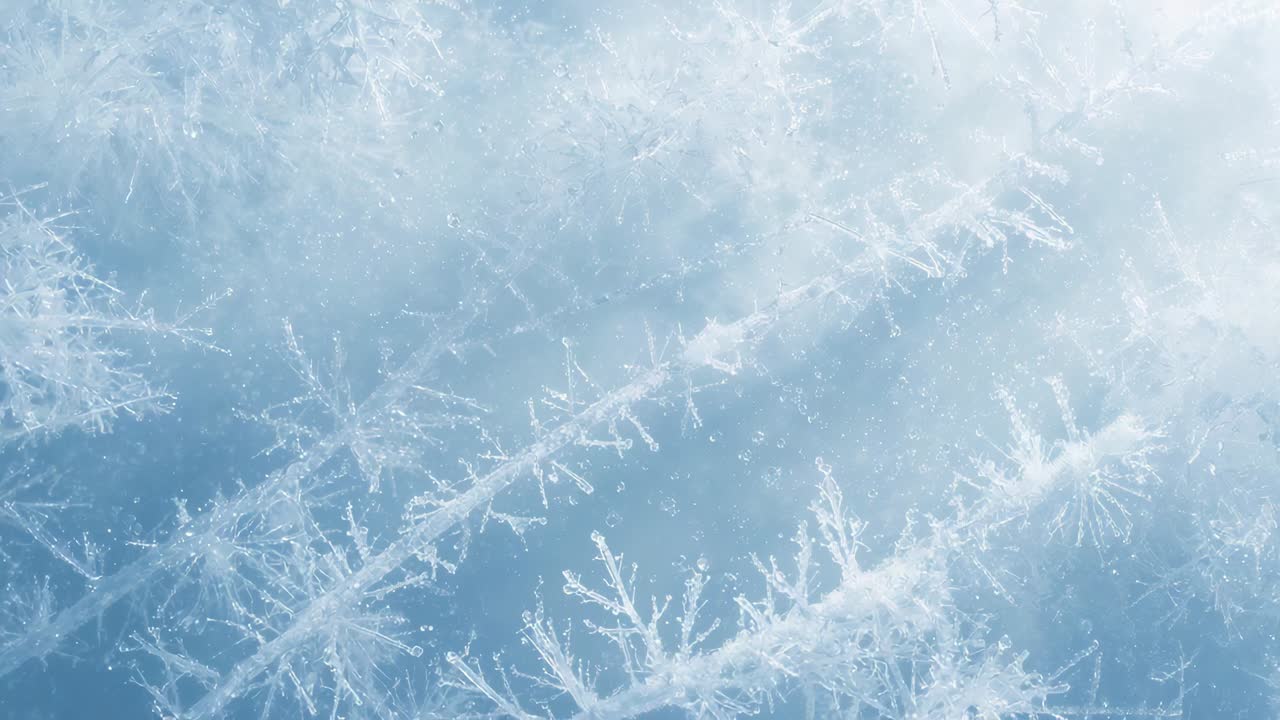 Shimmering hoar frost crystals reacting to soft light on frozen surface, revealing diagonal branch