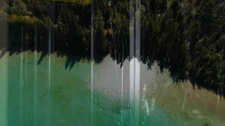 Reflection of trees on lake with vertical light streaks creating animation effect