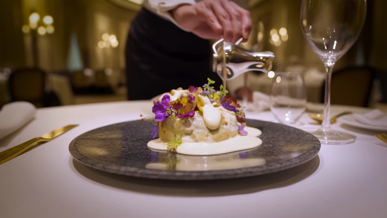 Gourmet Dish Being Served in an Upscale Restaurant