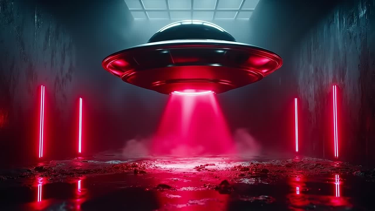 A ufo flying saucer in a dark room with red lights