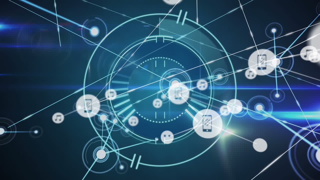 검은색 배경에 아이콘과 범위 스캐닝을 가진 연결 네트워크의 애니메이션