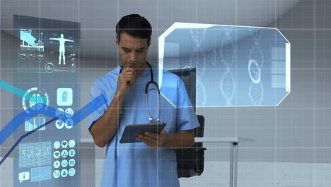 digital interface with medical data processing against caucasian male surgeon using digital tablet