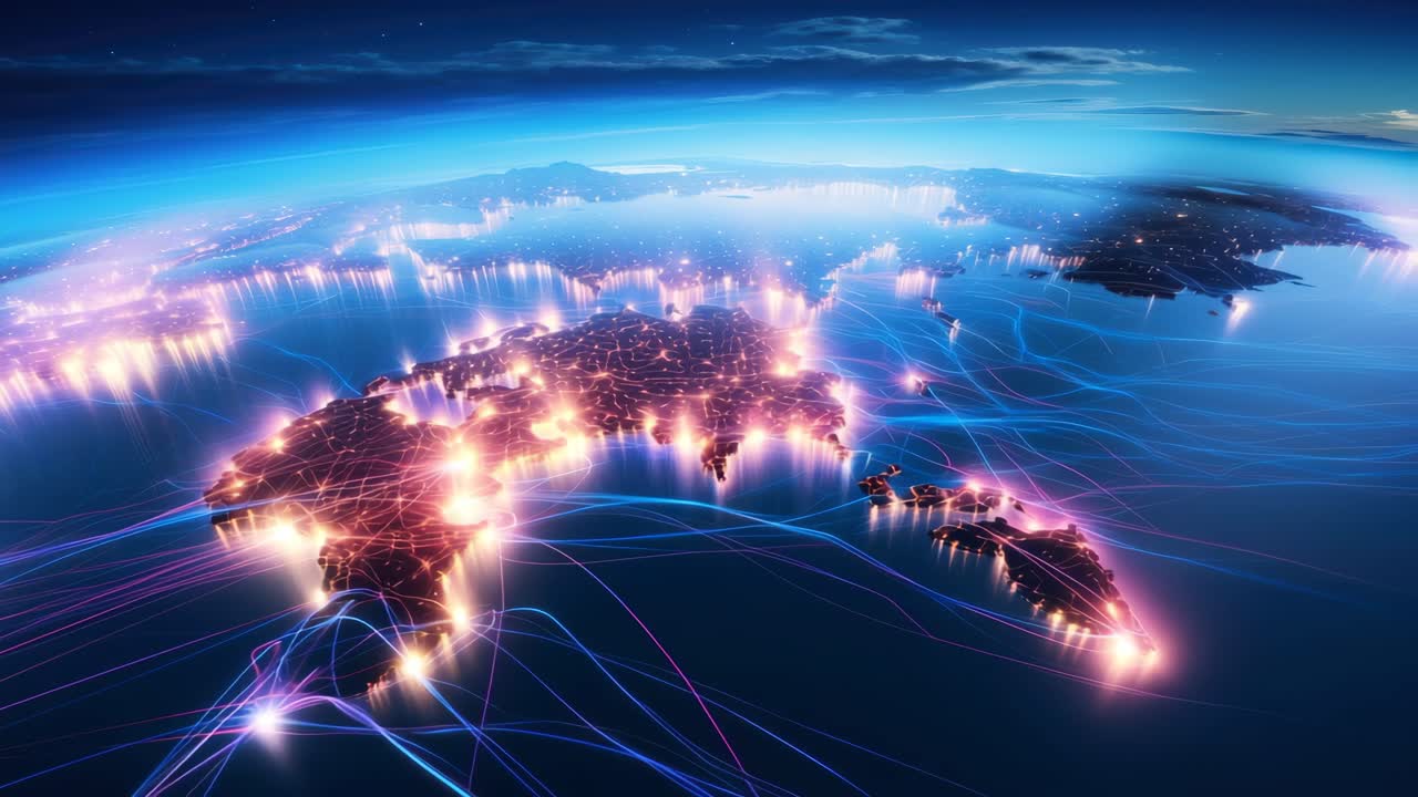 Aerial view of a glowing network across continents, showcasing global connectivity