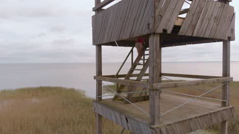 risk taking girl climbing watchtower at vortsjarv estonia