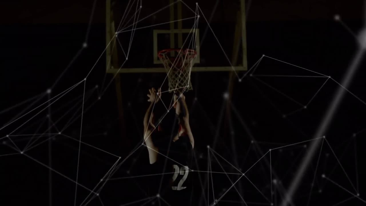 animación de redes de conexiones sobre el jugador de baloncesto masculino de raza mixta en el gimnasio