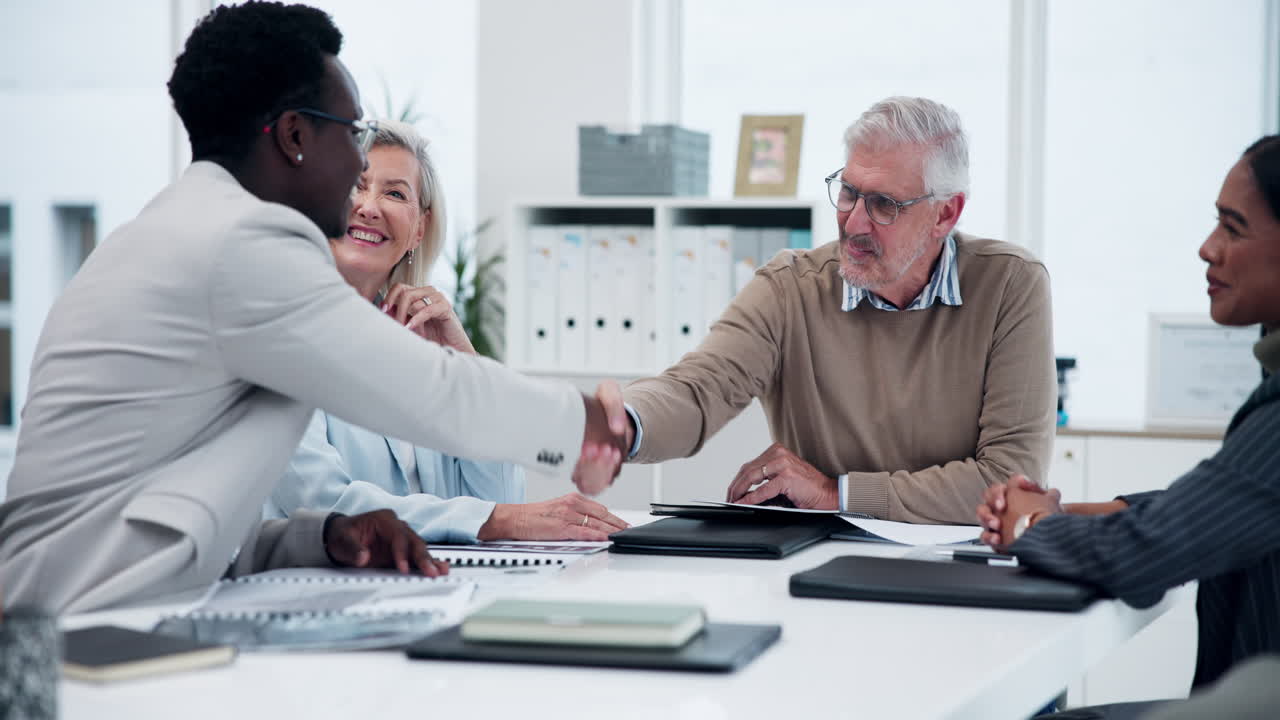 Business meeting and handshake between diverse professionals