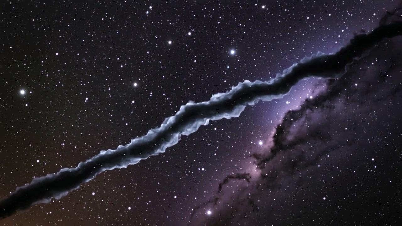 Un filamento scuro alla deriva che ondeggia nel cielo notturno, con flussi nebulari che modellano un bagliore viola e stelle.