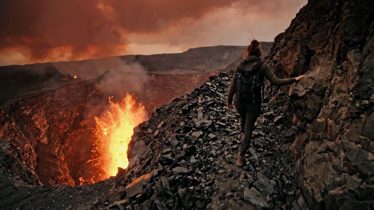 Donna cammina lungo il bordo roccioso di un cratere vulcanico attivo con lava in eruzione
