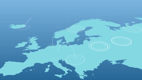 mapa azul de europa con círculos concéntricos blancos radiantes que se extienden entre los territorios en el bac azul