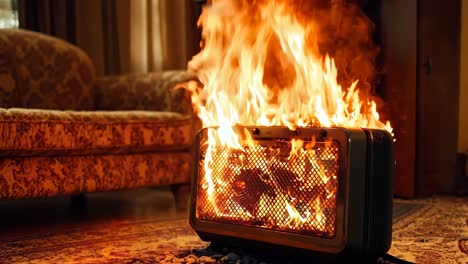 un fuego arde en una sala de estar al lado de un sofá