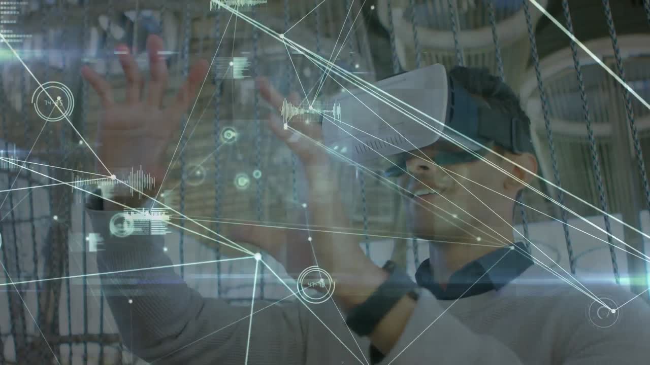 연결 네트워크의 애니메이션과 vr 헤드 ⁇ 을 착용하는 사업가에 대한 통계