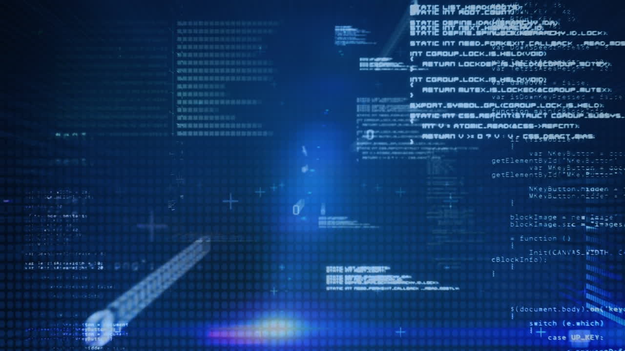 Animation of data processing and binary coding on blue background