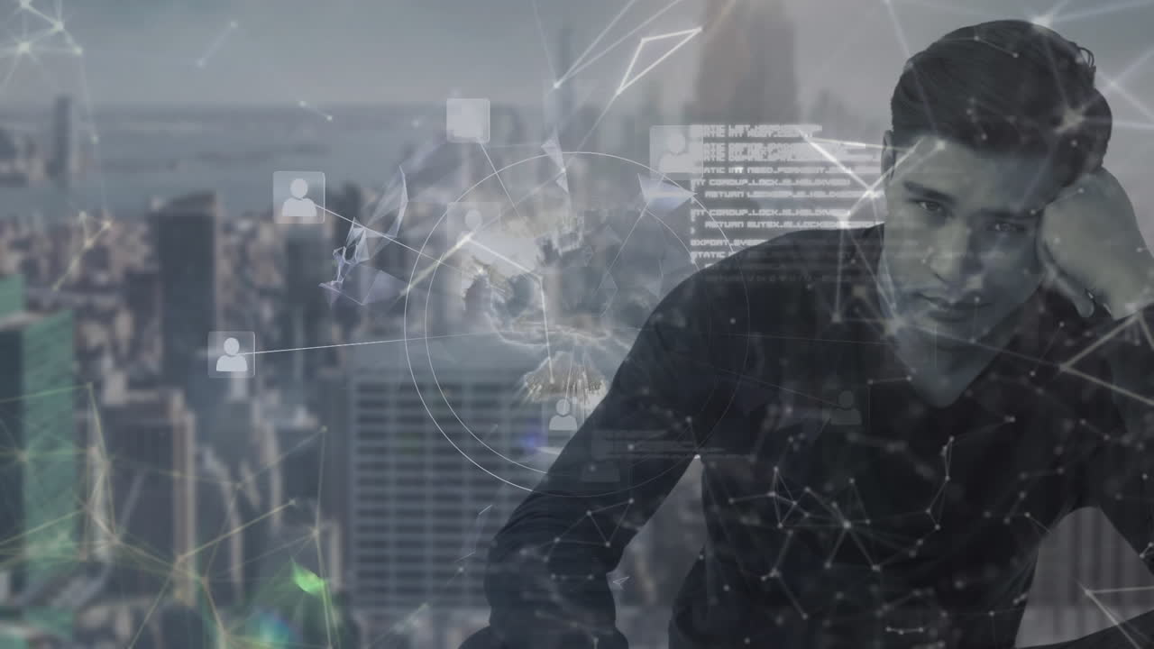 지구, 연결, 그리고 도시 풍경에 대한 데이터를 가진 애니메이트 된 걱정된 남자는 글로벌 네트워크를 상징합니다.