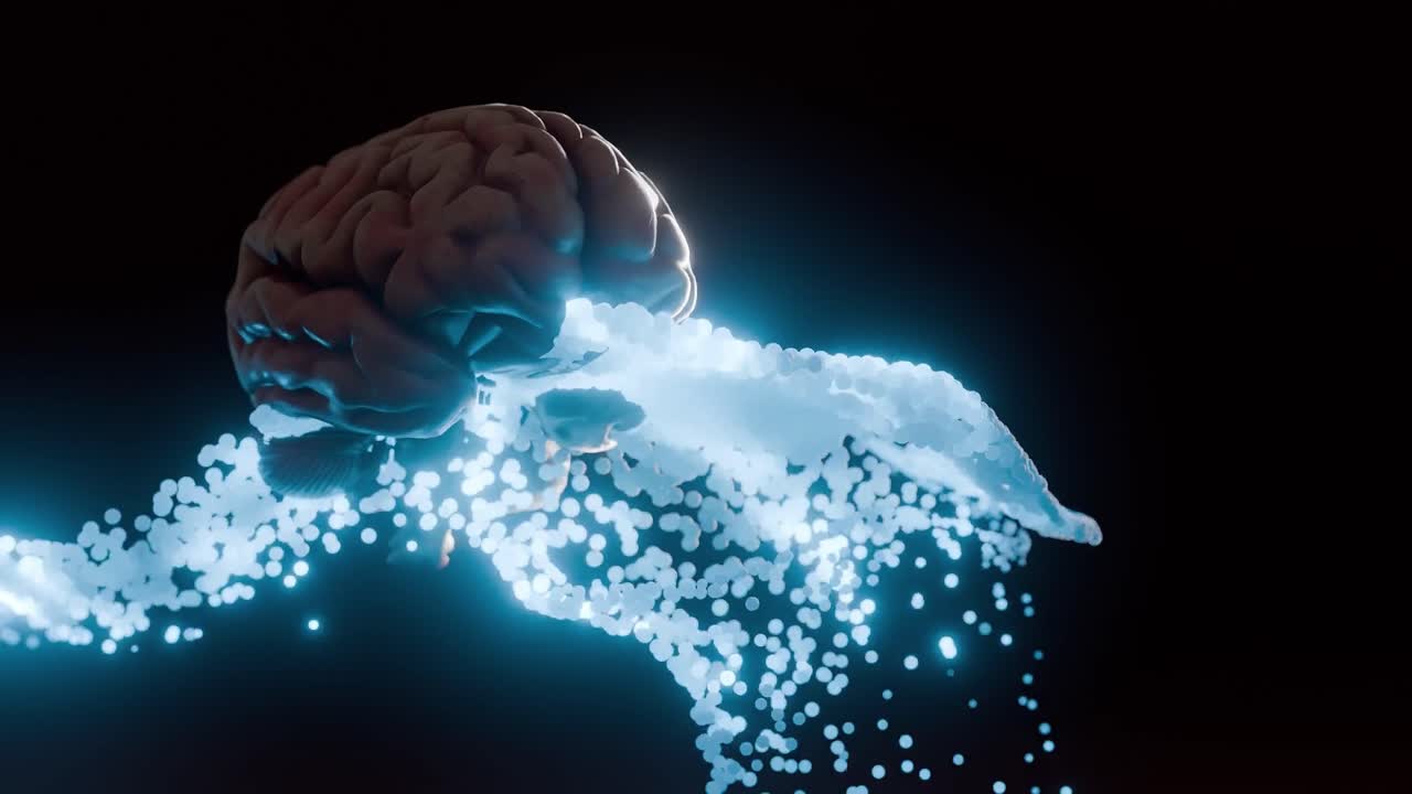 Human brain with glowing blue energy waves on dark background. 3D render of anatomical model and neural stream. Artificial intelligence and neuroscience concept. Design for poster, wallpaper.