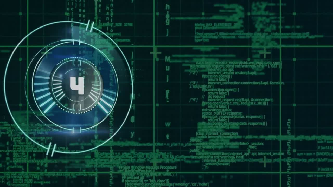Countdown timer over neon round scanner against grid network and data processing on black background