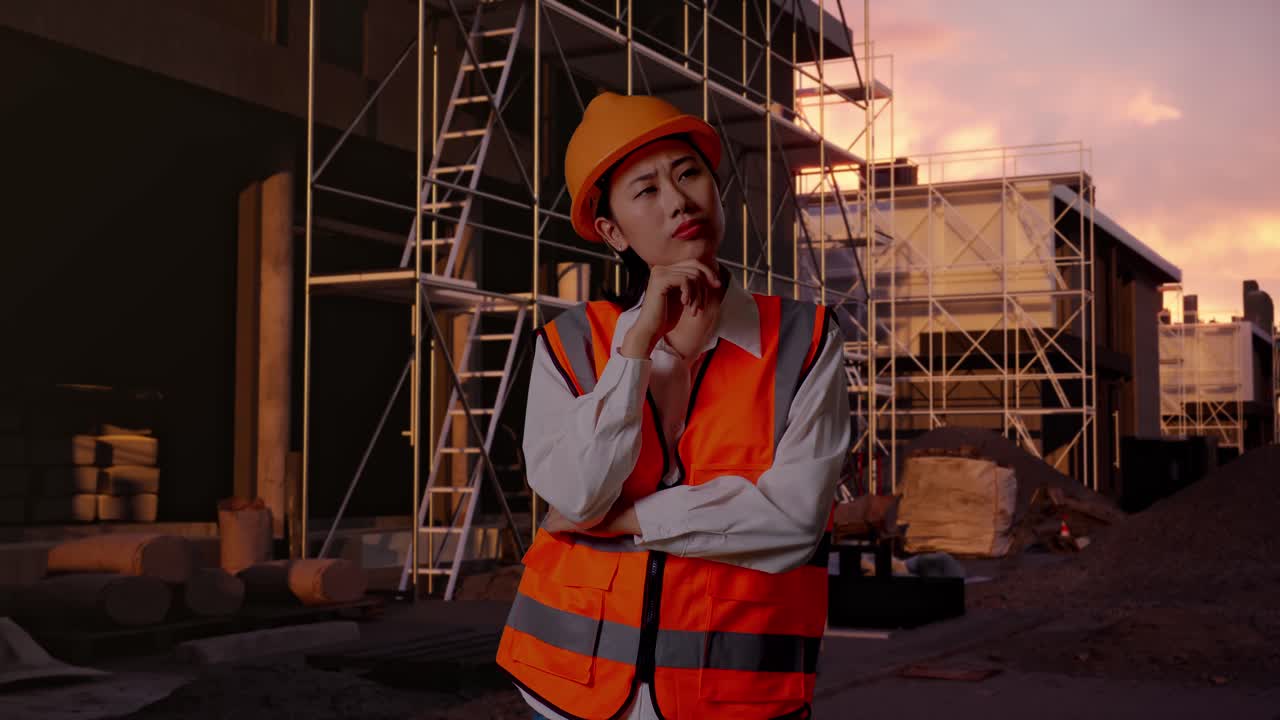 Asian Female Engineer With Safety Helmet Thinking About Something And Looking Around While Standing At Construction Site in Progress to New House
