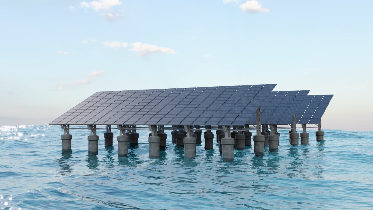 Photovoltaic panels installed in sea. 3D animation render