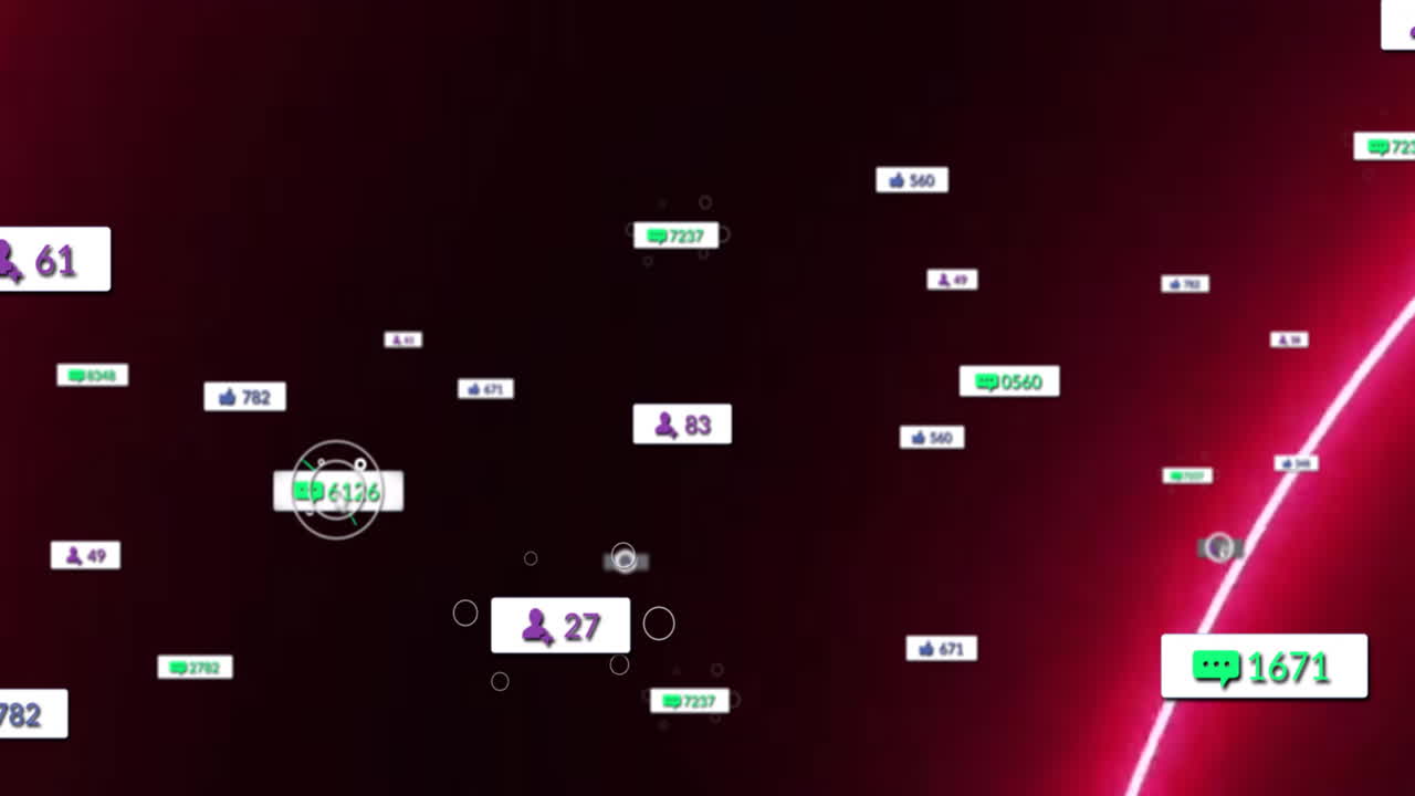Animation of floating social media notification icons over dark red background