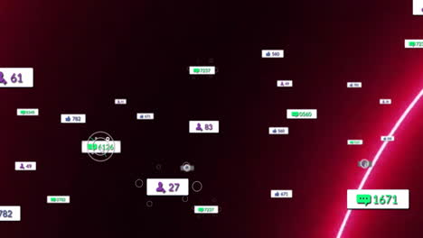 animation of floating social media notification icons over dark red background
