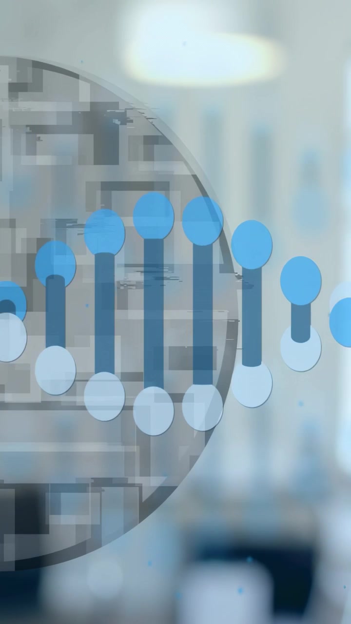 Video verticale: Flusso di dati che inizia ad animare un'orbita di pixel, con nodi scorrevoli che mostrano un ufficio sfocato per l'interfaccia utente (UI).
