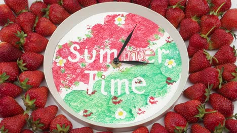 clock face with moving hands and  fresh strawberries, time lapse